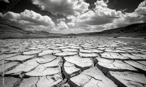 The ground is cracked and dry, indicative of arid conditions or the effects of drought.