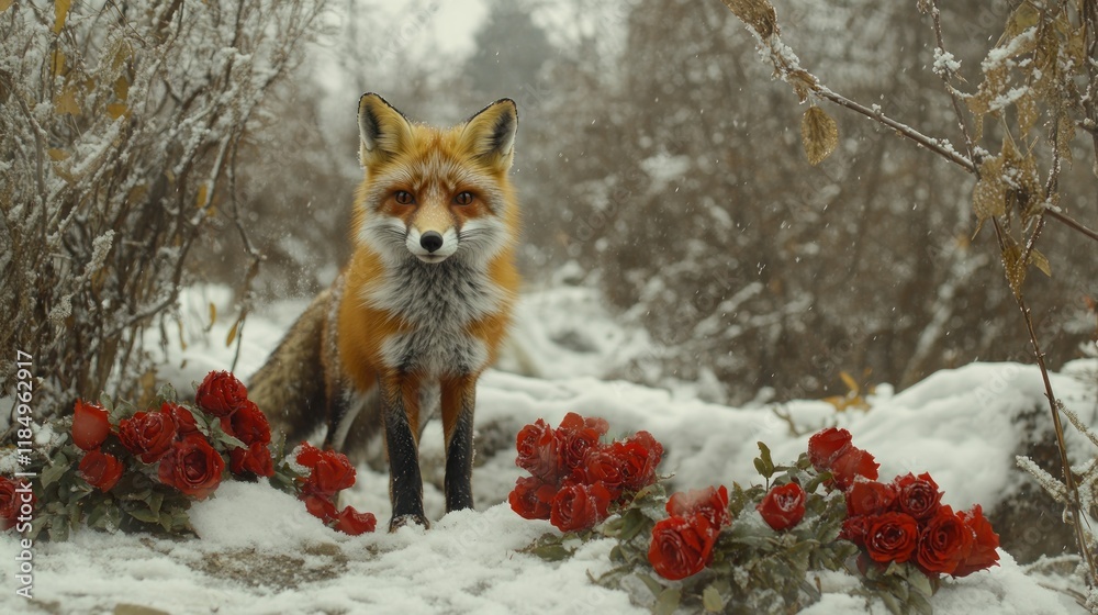 Obraz premium Red fox in snowy forest with red roses.