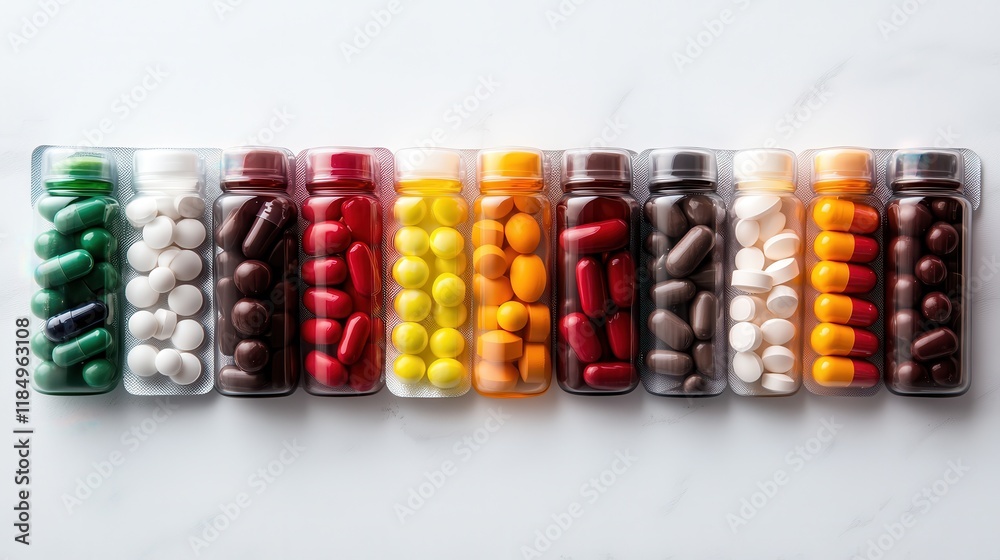 A vibrant display of various colorful capsules in clear bottles, showcasing a wide range of shapes and sizes for health and wellness representation in stock photos. A vibrant display of various colorful capsules in clear bottles, showcasing a wide range of shapes and sizes for health and wellness representation in stock photos.