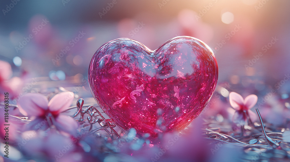 Obraz premium Heart-shaped crystal resting among delicate flowers in soft sunlight at dusk