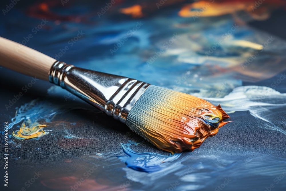 Fototapeta premium Flat paintbrush with orange paint lying on a colorful palette, creating a vibrant and artistic scene