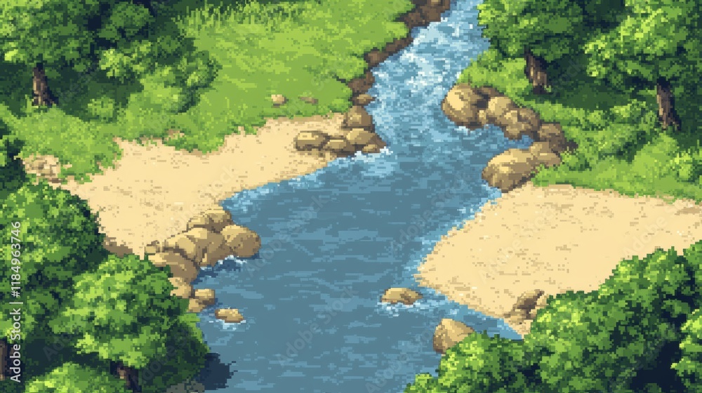 Flowing river top view. Vector seamless border with nature landscape with blue water stream, green grass, trees and rocks. Illustration of summer scene with brook flow with sand shore Flowing river top view. Vector seamless border with nature landscape with blue water stream, green grass, trees and rocks. Illustration of summer scene with brook flow with sand shore