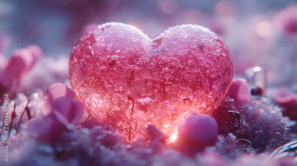 Obraz premium Heart-shaped ice sculpture surrounded by delicate flowers in soft lighting