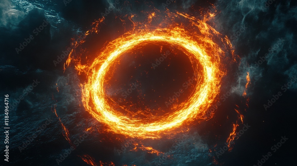 A mesmerizing fiery ring glowing against a dark stormy sky, creating a dramatic and mystical atmosphere. A mesmerizing fiery ring glowing against a dark stormy sky, creating a dramatic and mystical atmosphere.