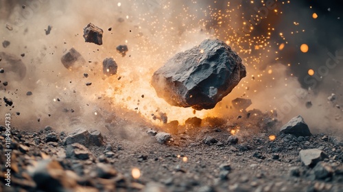 Dynamic scene of rocks exploding with sparks and dust in a dramatic display of natural forces.