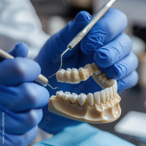 Close up of dental tools working on a tooth model, illustrating precision, dental care, and medical education concepts.