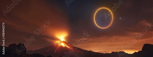 A stunning view of an isolated, high-altitude volcanic peak with a glowing lava dome and a rare, bright planetary conjunction creating a celestial ring in the darkened sky photo