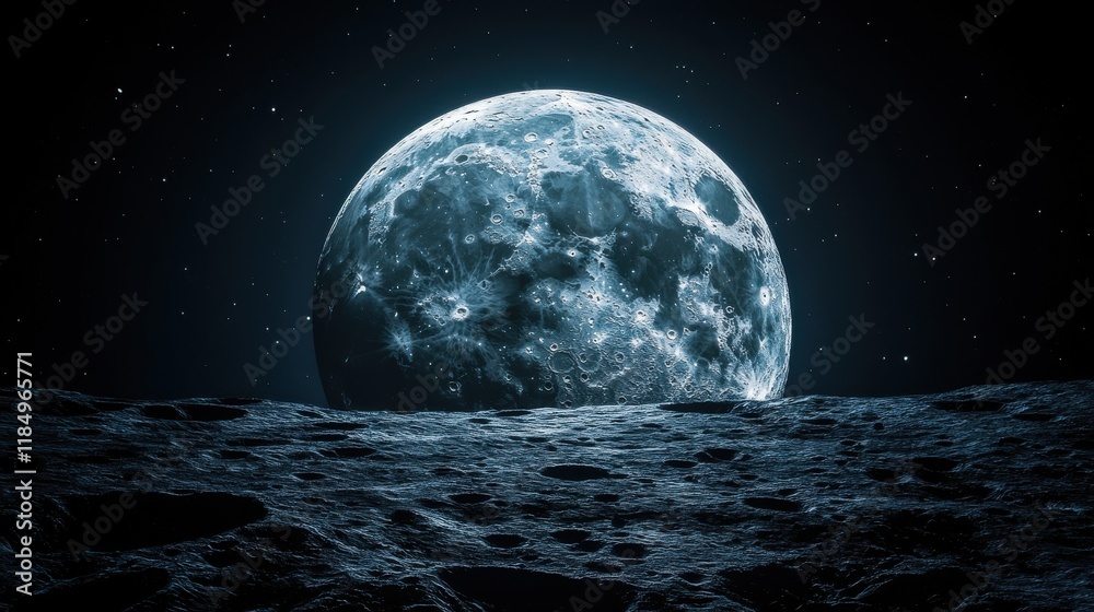 Obraz premium Dramatic view of a large moon rising over a rugged lunar landscape, showcasing craters and shadows.