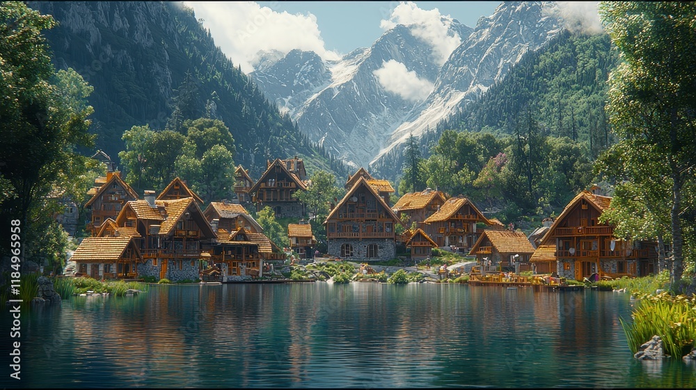 Naklejka premium Picturesque village nestled beside a serene lake, surrounded by majestic mountains.