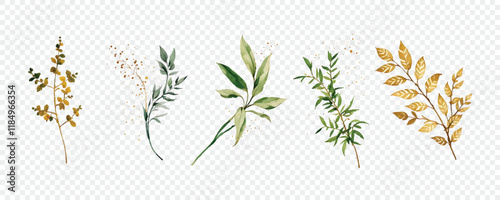Watercolor vector green plants, leaves, twigs with golden elements isolated on transparent background