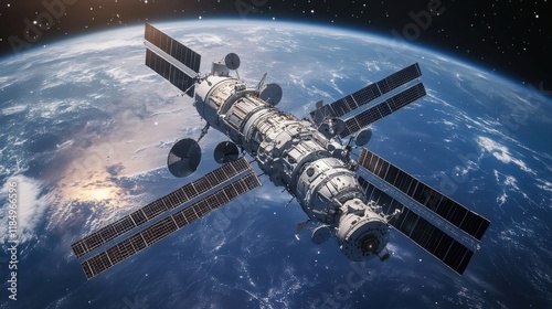 Wallpaper Mural A stunning view of a space station orbiting Earth, showcasing intricate design and solar panels against a starry backdrop. Torontodigital.ca