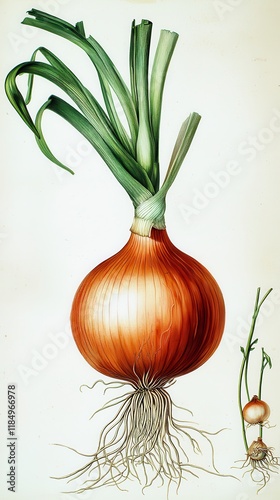 Detailed Botanical Illustration of an Onion Plant: A Visual Feast of Nature's Bounty
