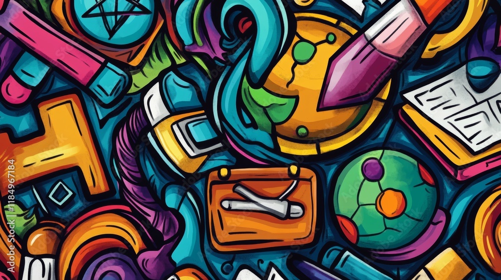 School and science doodle background with education signs. Line art vector protractor, globe, test. Pencil, backpack and chemical beakers, paints, palette, academic cap, compass, cells and abacus School and science doodle background with education signs. Line art vector protractor, globe, test. Pencil, backpack and chemical beakers, paints, palette, academic cap, compass, cells and abacus