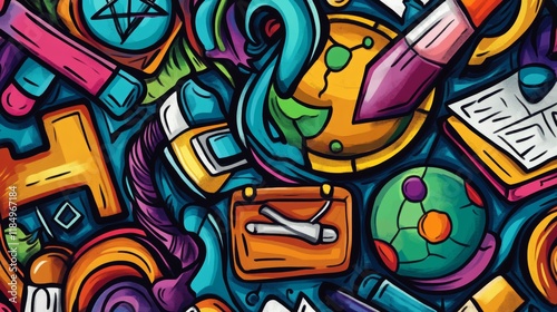 Wallpaper Mural School and science doodle background with education signs. Line art vector protractor, globe, test. Pencil, backpack and chemical beakers, paints, palette, academic cap, compass, cells and abacus Torontodigital.ca