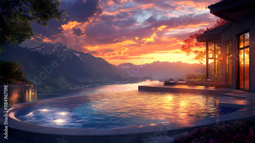 Modern luxury villa with an infinity pool overlooking a lake at sunset. Twilighted. Illustration
