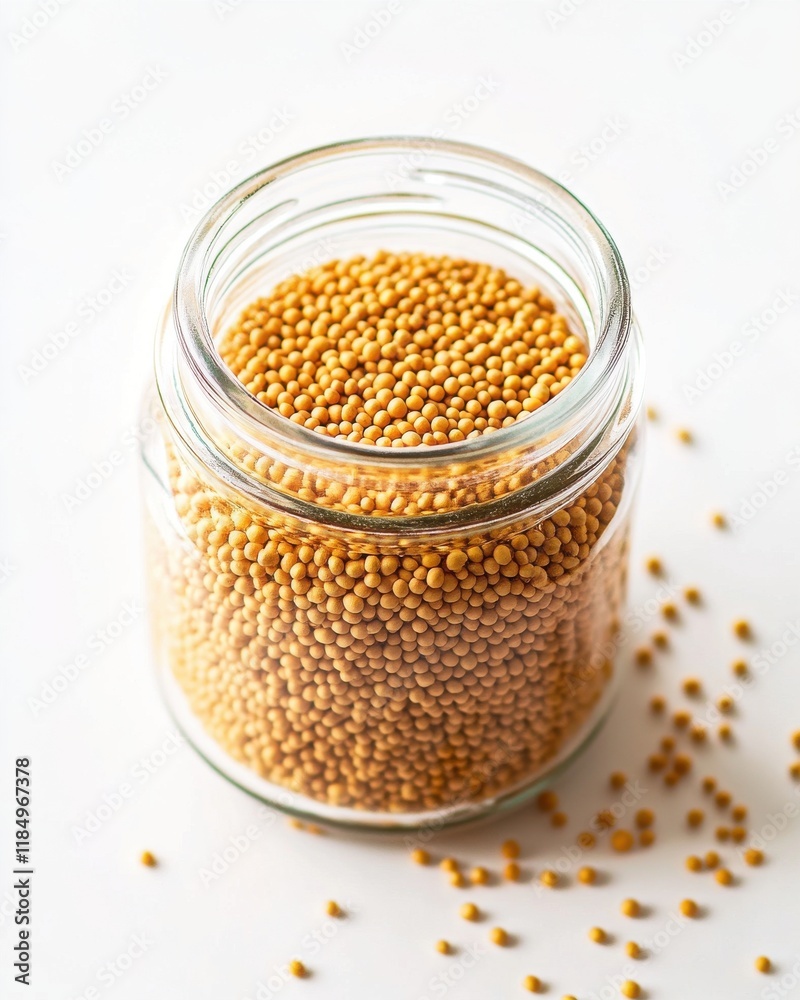 Close-up of a glass jar filled with yellow mustard seeds, showcasing their vibrant color and texture. Close-up of a glass jar filled with yellow mustard seeds, showcasing their vibrant color and texture.