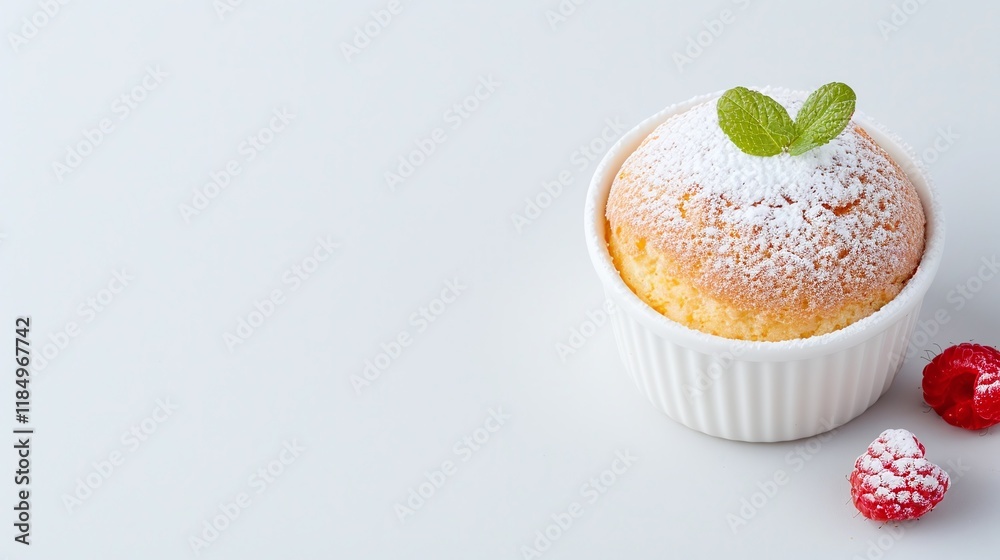 Golden soufflé topped with powdered sugar and mint leaves, served in a white ramekin, close-up of light dessert, minimalistic composition with copy space
Golden soufflé topped with powdered sugar and mint leaves, served in a white ramekin, close-up of light dessert, minimalistic composition with copy space
