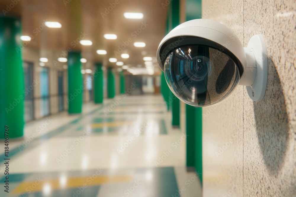 Modern wireless security camera monitoring an empty corridor of a school or university building, ensuring safety and preventing unauthorized access Modern wireless security camera monitoring an empty corridor of a school or university building, ensuring safety and preventing unauthorized access