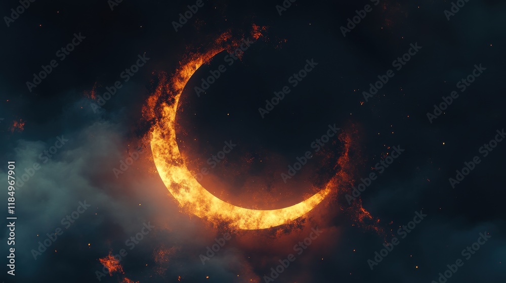 Fototapeta premium A breathtaking fiery crescent moon glowing amidst dark clouds.