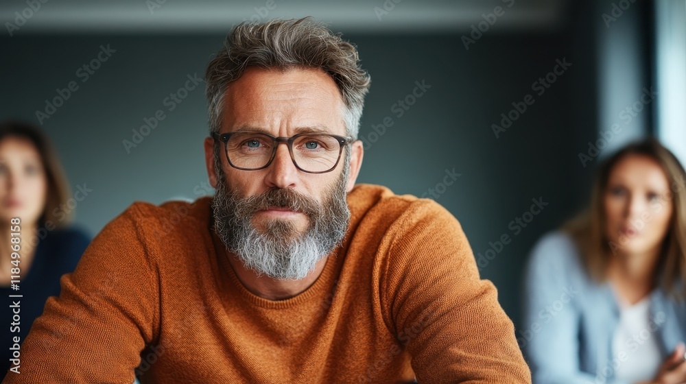 A thoughtful man with a beard and glasses looks attentively towards the camera in a modern meeting space, conveying focus and determination.