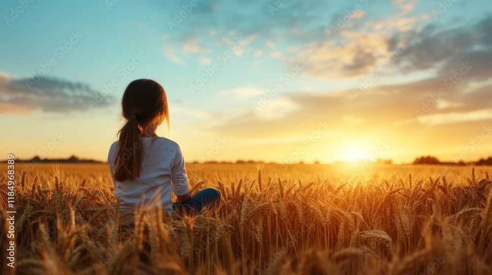 A young girl sits peacefully in a golden wheat field, gazing at a beautiful sunset, symbolizing tranquility, childhood, and a connection to nature's beauty. A young girl sits peacefully in a golden wheat field, gazing at a beautiful sunset, symbolizing tranquility, childhood, and a connection to nature's beauty.