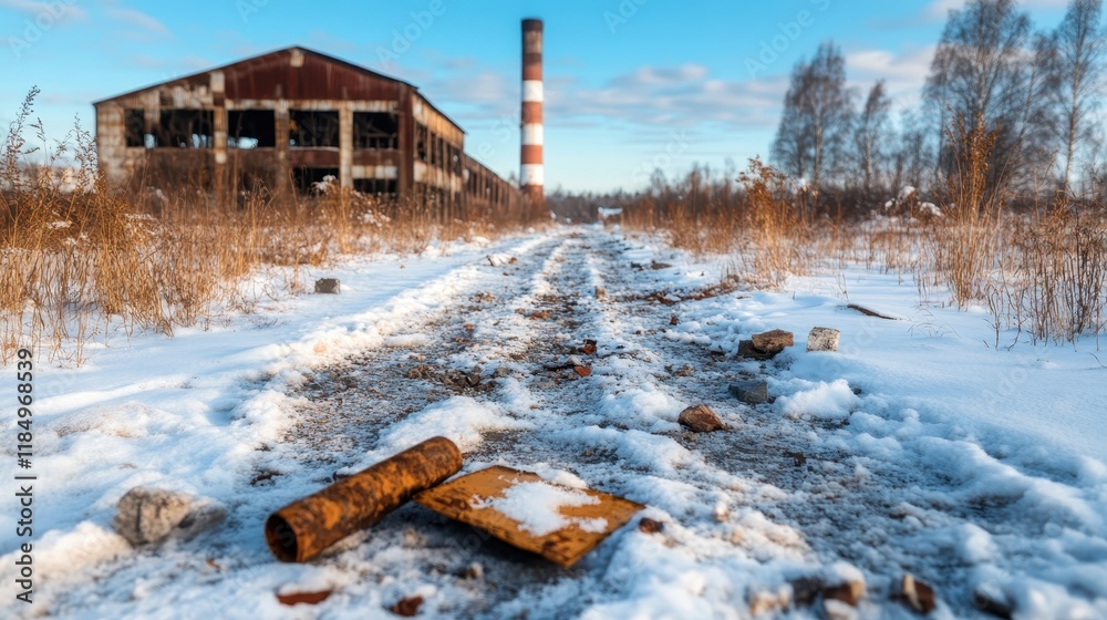 A snowy pathway leads towards an abandoned factory with a smokestack in the background, surrounded by overgrown grass and remnants of urban decay, showcasing nature's resilience. A snowy pathway leads towards an abandoned factory with a smokestack in the background, surrounded by overgrown grass and remnants of urban decay, showcasing nature's resilience.