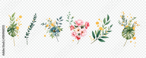 Watercolor vector green plants, leaves, twigs with golden elements isolated on transparent background