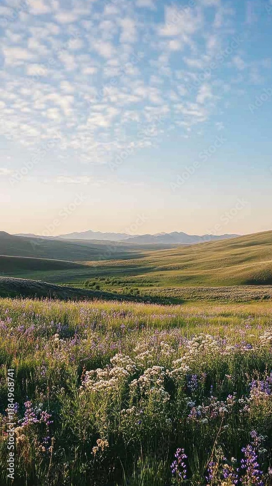Fototapeta premium Rolling fields adorned with delicate wildflowers create a harmonious blend of colors under the vibrant sky. The atmosphere is calm, inviting wanderers to immerse themselves in nature's embrace