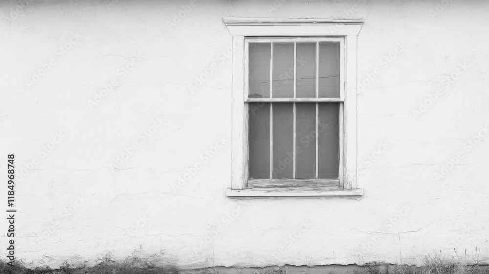A single, small, white-framed window on a white stucco wall. A single, small, white-framed window on a white stucco wall.