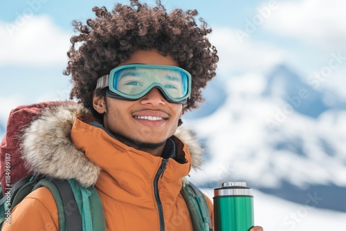 Cheerful curly haired hiker holding thermos, wearing goggles and fur lined parka, standing amid snow capped mountain landscape