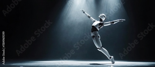 A silver robot, featuring a helmet and illuminated visor, stands heroically on a stage with spotlights, looking left photo