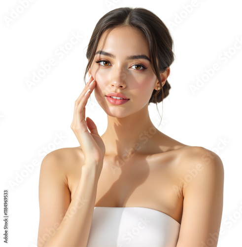 Studio Portrait of a Beautiful Female Model Showcasing Her Perfectly Fresh, Clean, and Radiant Skin with a Serene Expression, PNG format