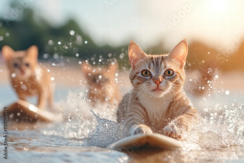 Surfer cats in swimsuits enjoying a day at the beach with tiny surfboards and splashing water photo