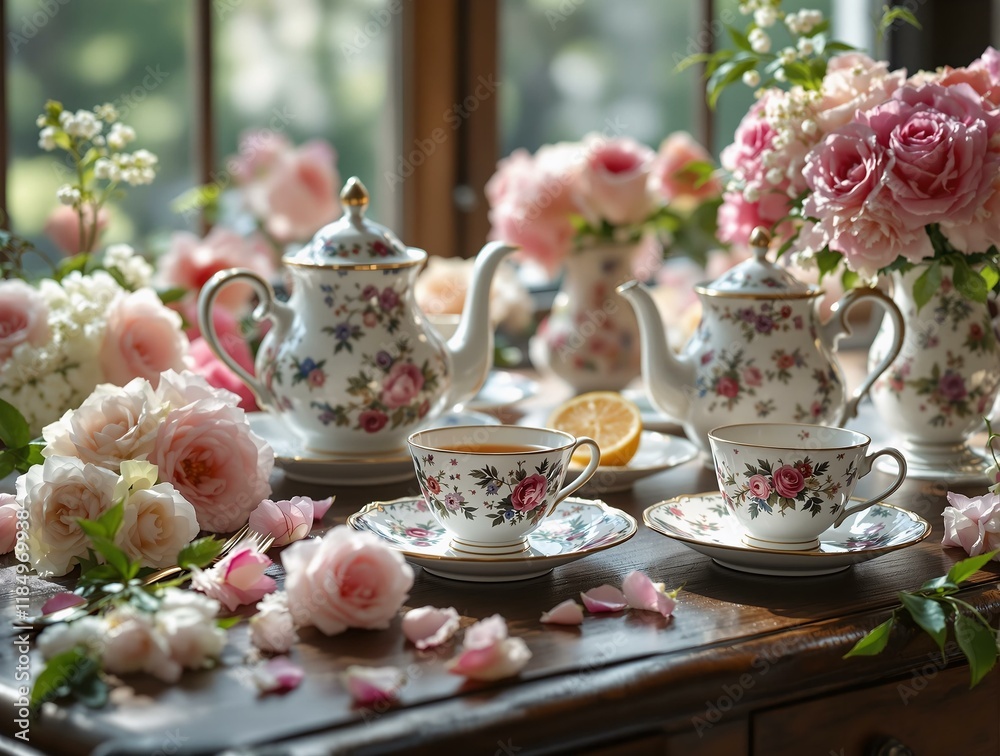 beautiful tea set with various teapots and cups, accompanied by an abundance of pink and white flowers. The setting is arranged in a way that creates a charming and elegant atmosphere. beautiful tea set with various teapots and cups, accompanied by an abundance of pink and white flowers. The setting is arranged in a way that creates a charming and elegant atmosphere.