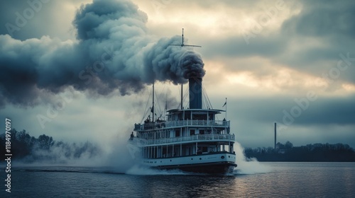 Vintage steamboat on river, emitting dark smoke, dramatic sky.