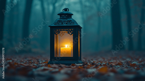 A glowing lantern stands alone in a dark, dense forest, symbolizing hope, resilience, and guidance amidst uncertainty. Blurred empty space suggests chaos and limitless potential beyond.
