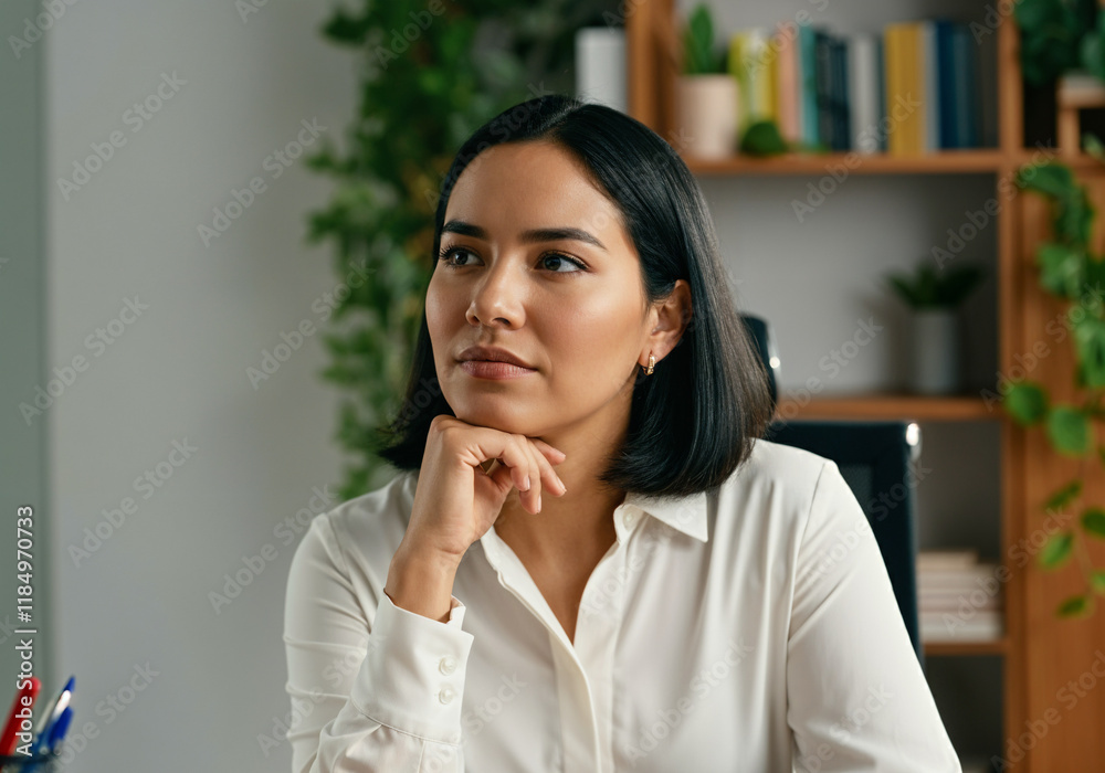 Pensive businesswoman contemplating a solution while holding her chin in a modern office environment Pensive businesswoman contemplating a solution while holding her chin in a modern office environment