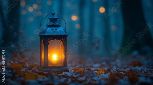 A glowing lantern stands alone in a dark, dense forest, symbolizing hope, resilience, and guidance amidst uncertainty. Blurred empty space suggests chaos and limitless potential beyond.
 photo