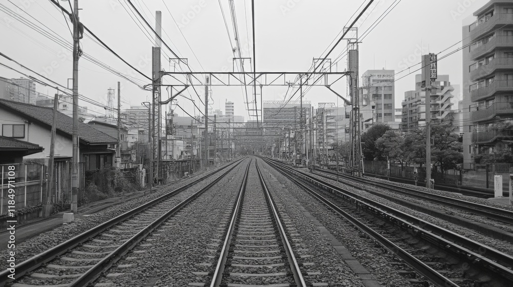 Black and white photo of train tracks receding into a city. Black and white photo of train tracks receding into a city.