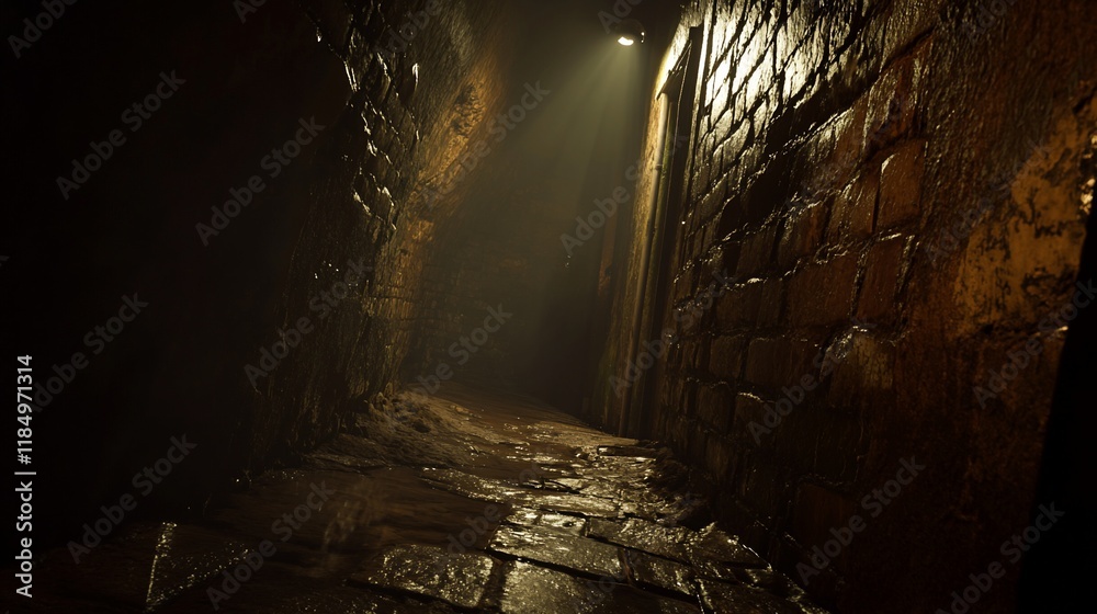 Obraz premium Dark, damp alleyway with stone walls, lit by a single light source.