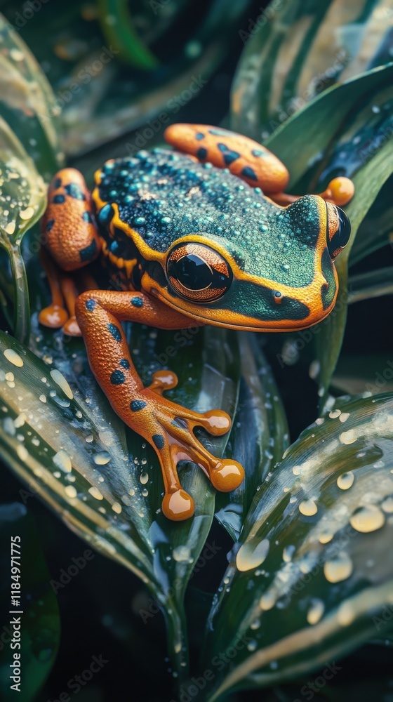 A vibrant orange and blue frog perched on lush green leaves, surrounded by glistening water droplets. A vibrant orange and blue frog perched on lush green leaves, surrounded by glistening water droplets.