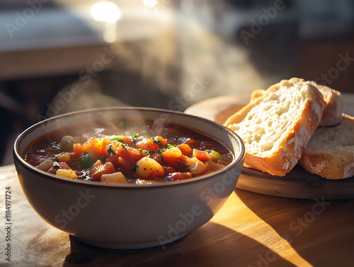 A bowl of warm winter stew with bread