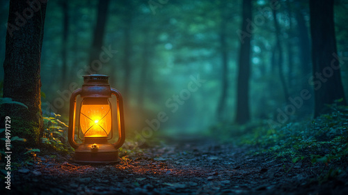 A glowing lantern stands alone in a dark, dense forest, symbolizing hope, resilience, and guidance amidst uncertainty. Blurred empty space suggests chaos and limitless potential beyond.
 photo