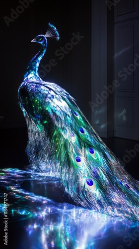 A stunning peacock stands proudly, its feathers vividly illuminated with mesmerizing colors. The gallery atmosphere enhances the brilliance of its intricate plumage, creating a magical experience photo