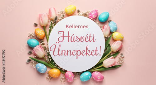 Colorful easter eggs and tulips encircle a hungarian easter greeting on a pink background, creating a festive springtime scene, Kellemes húsvéti ünnepeket