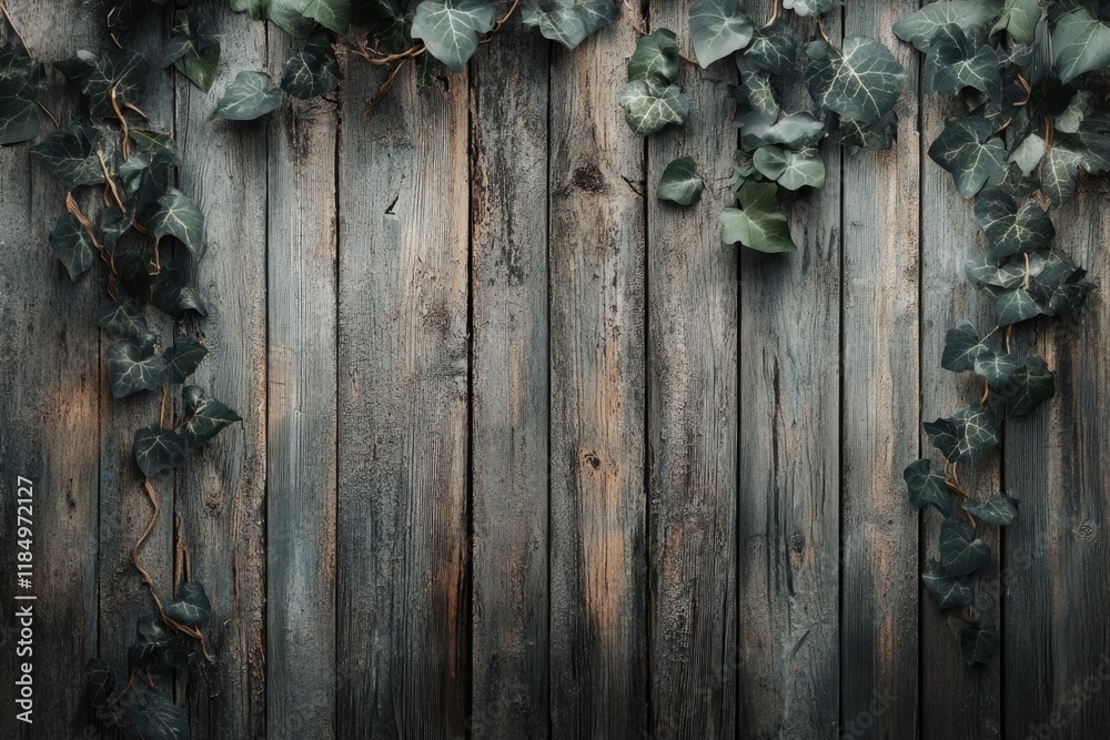 Fototapeta premium Dark, rustic wooden planks with lush green ivy vines growing on them, creating a natural, aged backdrop.