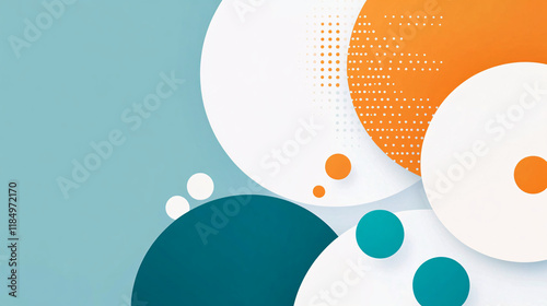 modern geometric abstract background with large and small overlapping circles in teal orange and white on a textured blue backdrop  
