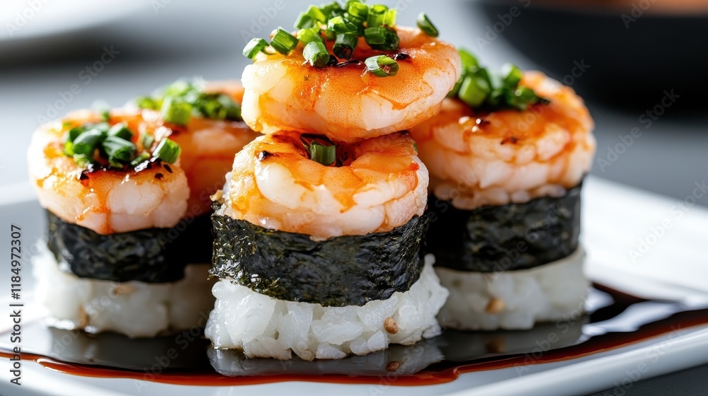 An artistic presentation of sushi rolls featuring fresh shrimp and wrapped in seaweed, a vibrant dish that adds an exquisite touch to any dining experience. An artistic presentation of sushi rolls featuring fresh shrimp and wrapped in seaweed, a vibrant dish that adds an exquisite touch to any dining experience.