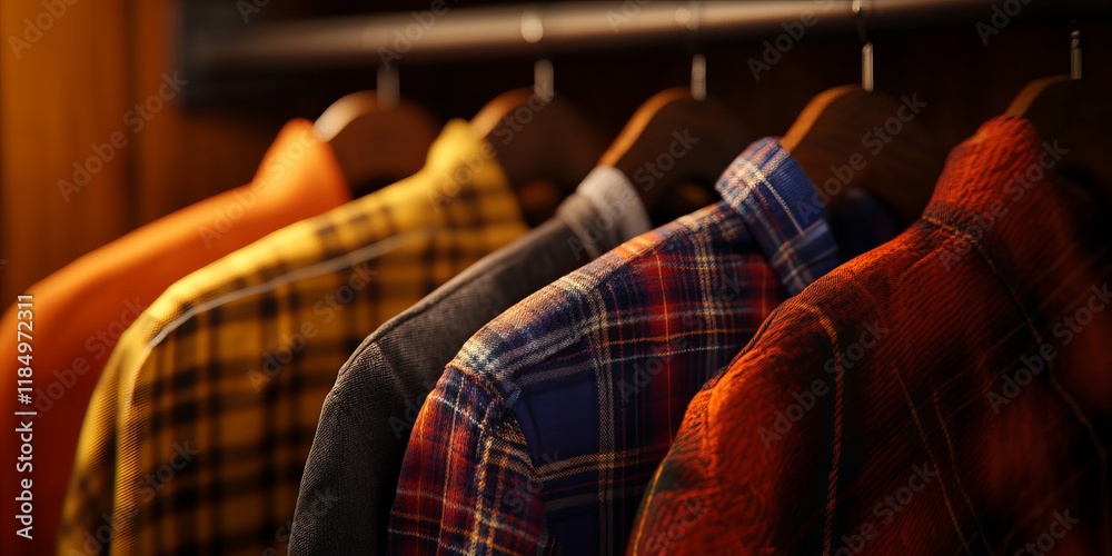 Fototapeta premium Warm-toned plaid shirts hanging in a closet. A cozy autumnal vibe.