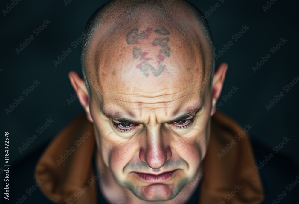 Bald man with a solemn expression, looking down Bald man with a solemn expression, looking down